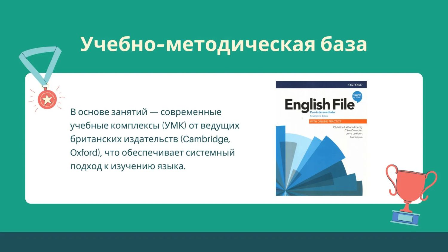 Слайд «Учебно-методическая база» с обложкой учебника English File
